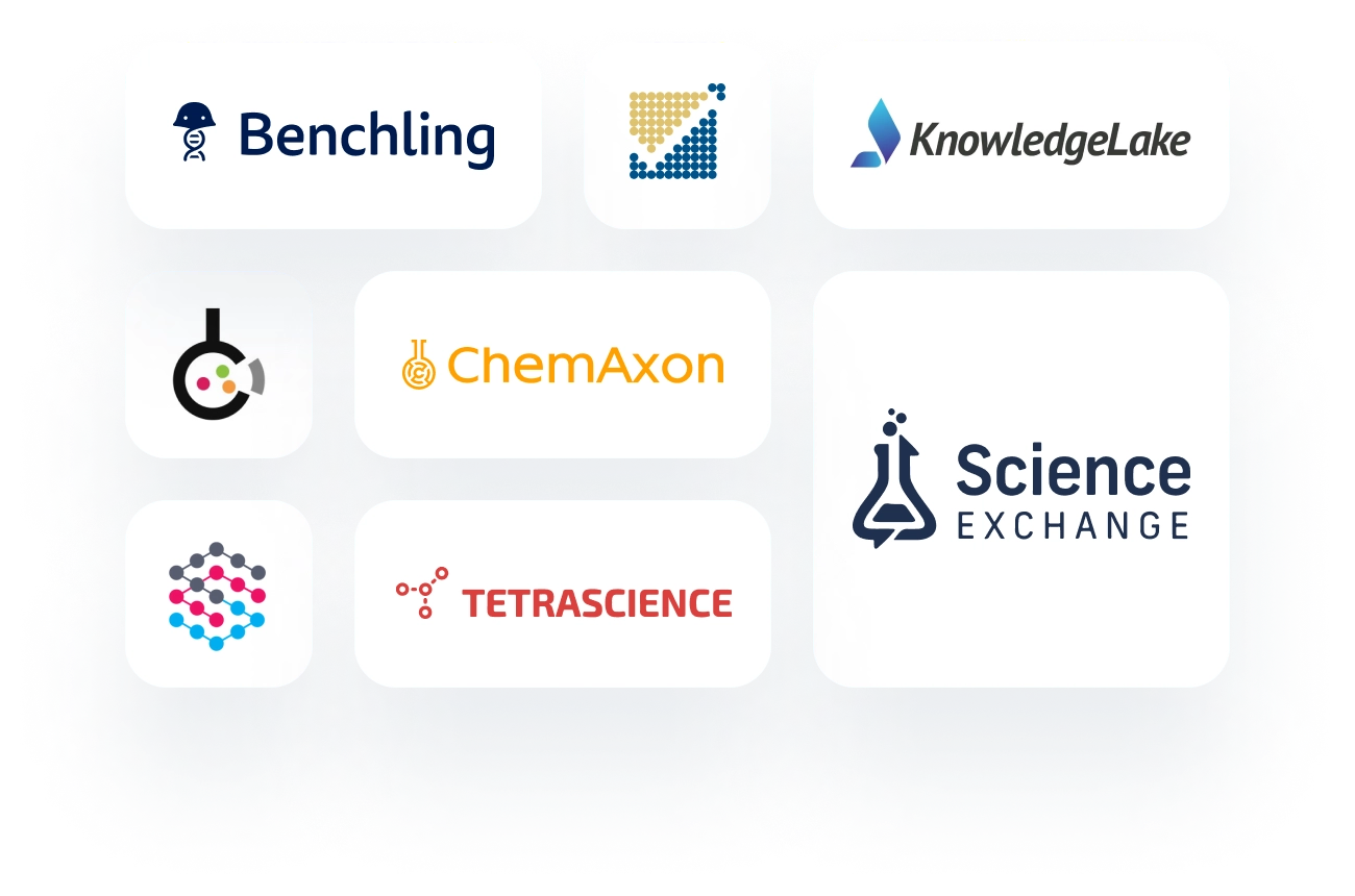 logos for egnyte integrations including benchling, science exchange, knowledgelake, and more